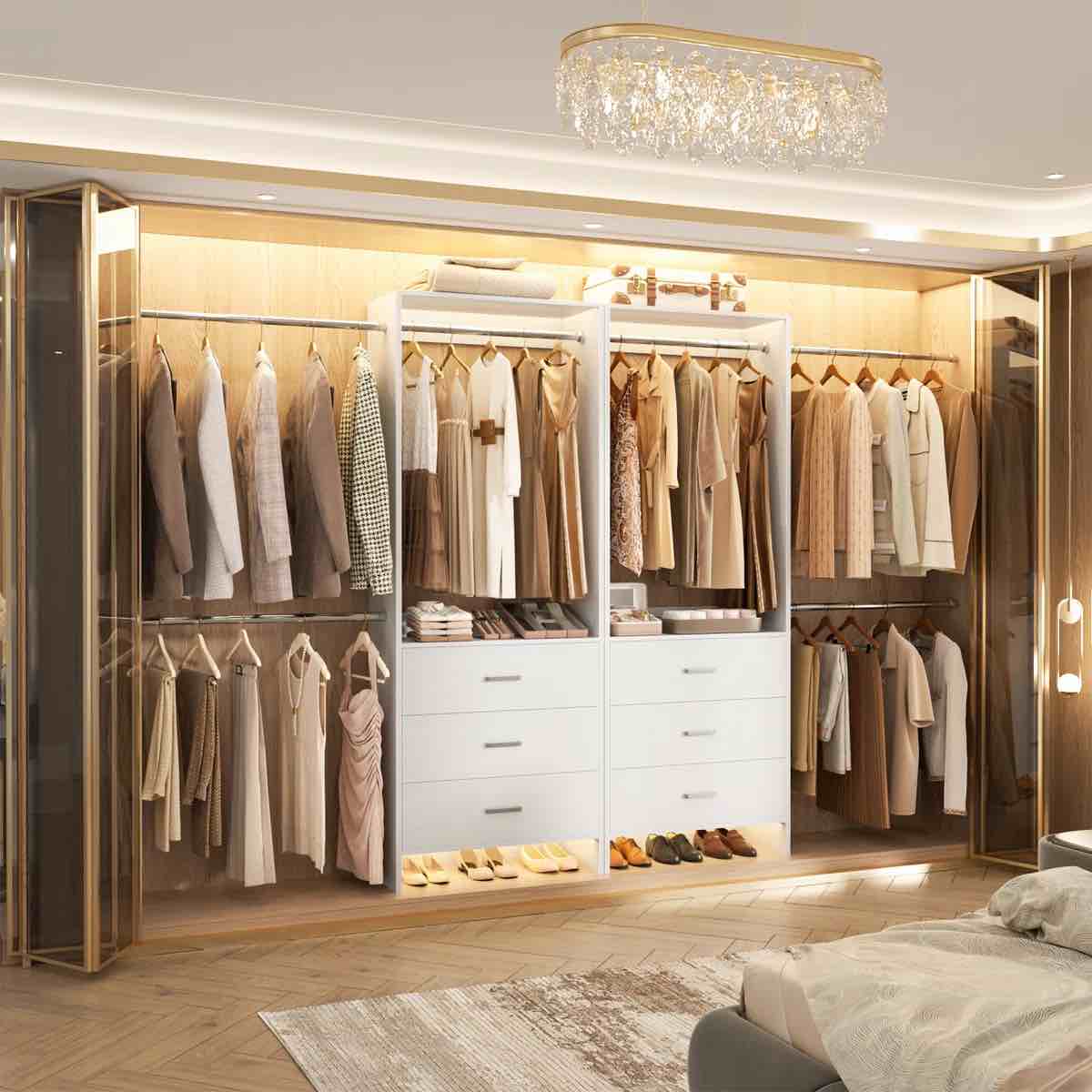 Condition photo showing New/Like New for 47.4"-119" closet organizer with drawers and 4 hanging rods