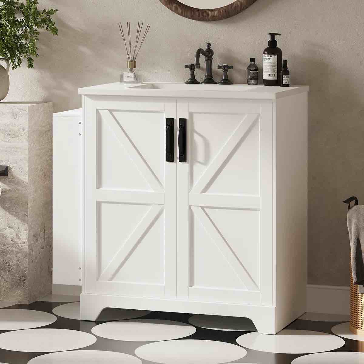 Condition photo showing New/Like New for 36" bathroom vanity with sink & 3 extra side shelves & storage cabinet