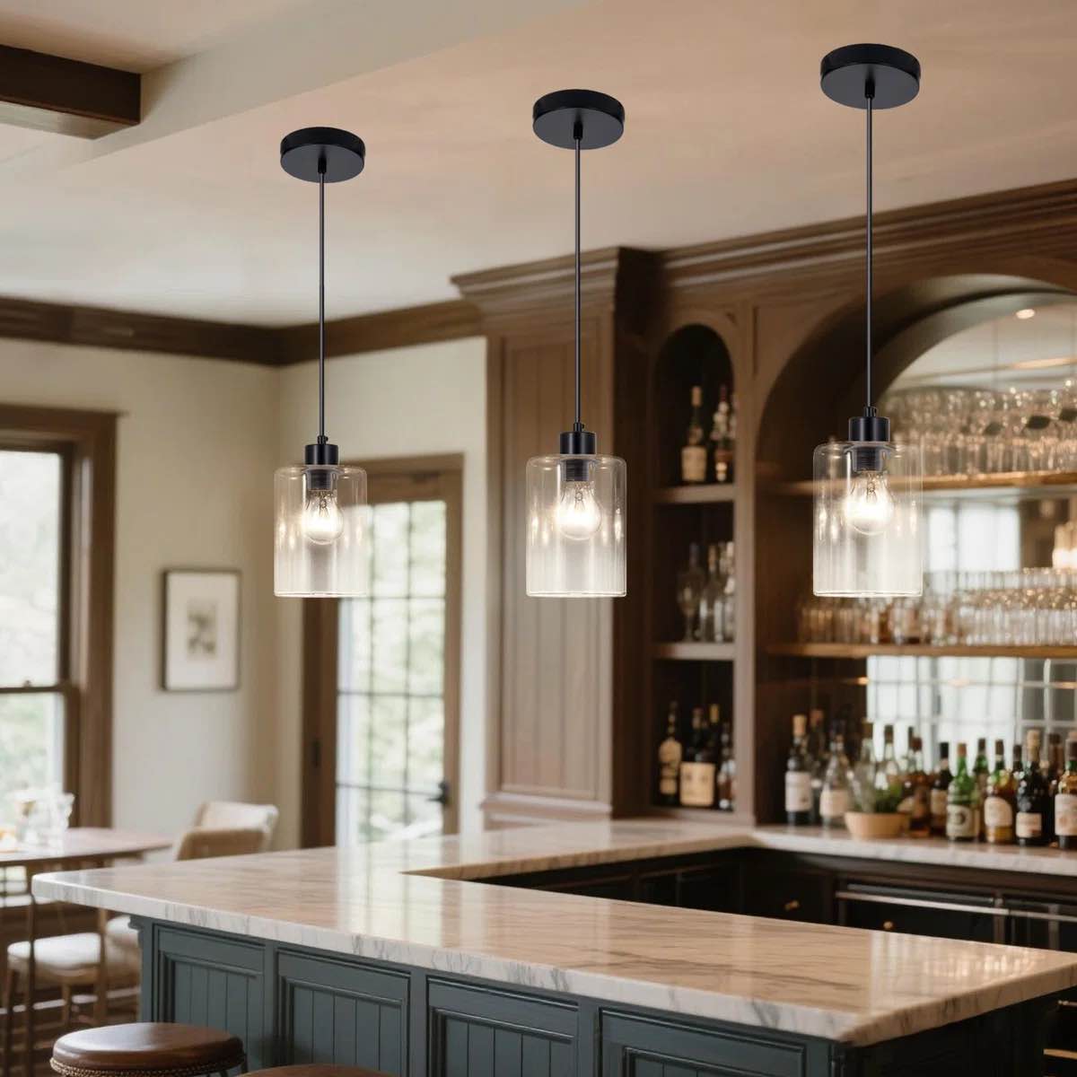 Condition photo showing New/Like New for modern 3-light black pendant lighting with clear glass shades and adjustable cords perfect for kitchen island or dining room