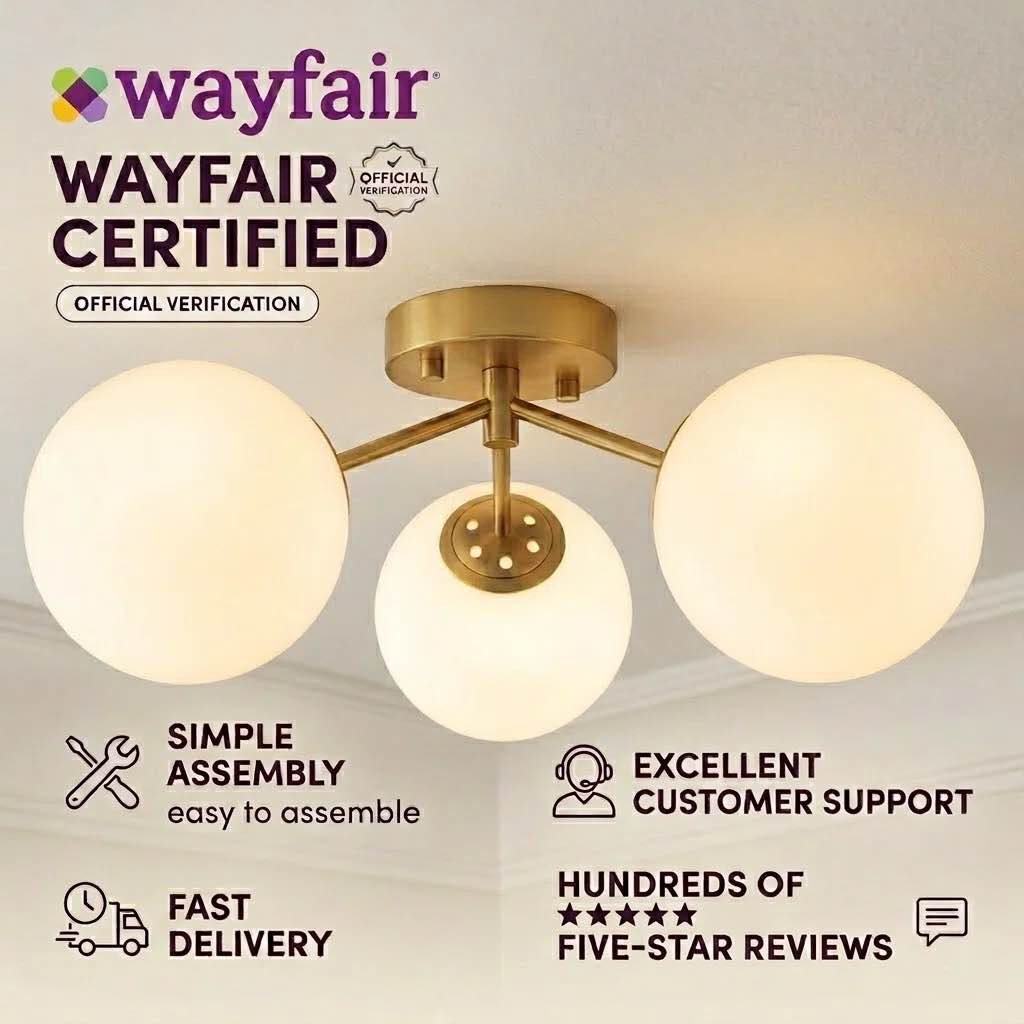 Condition photo showing New/Like New for 16.5''-3 lights modern brushed brass iron glass cover globe semi flush mount lighting for living room/bedroom