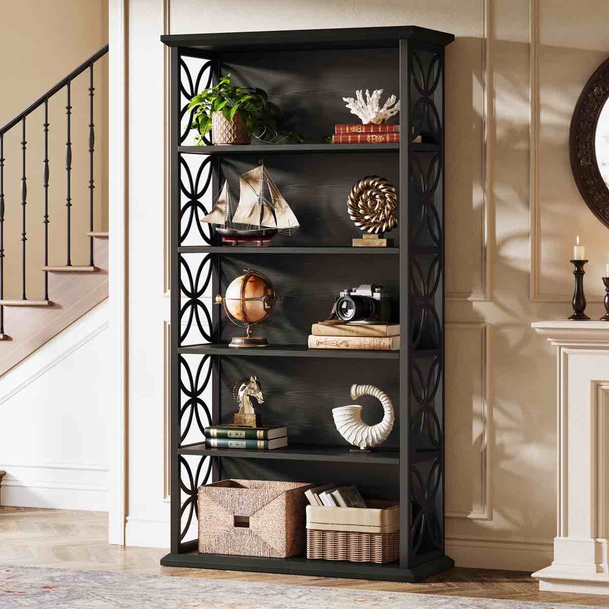 Condition photo showing New/Like New for tribesigns 6-tier tall bookshelf, 71" industrial bookcase with metal frame, freestanding open storage shelves for home office, living room, bedroom