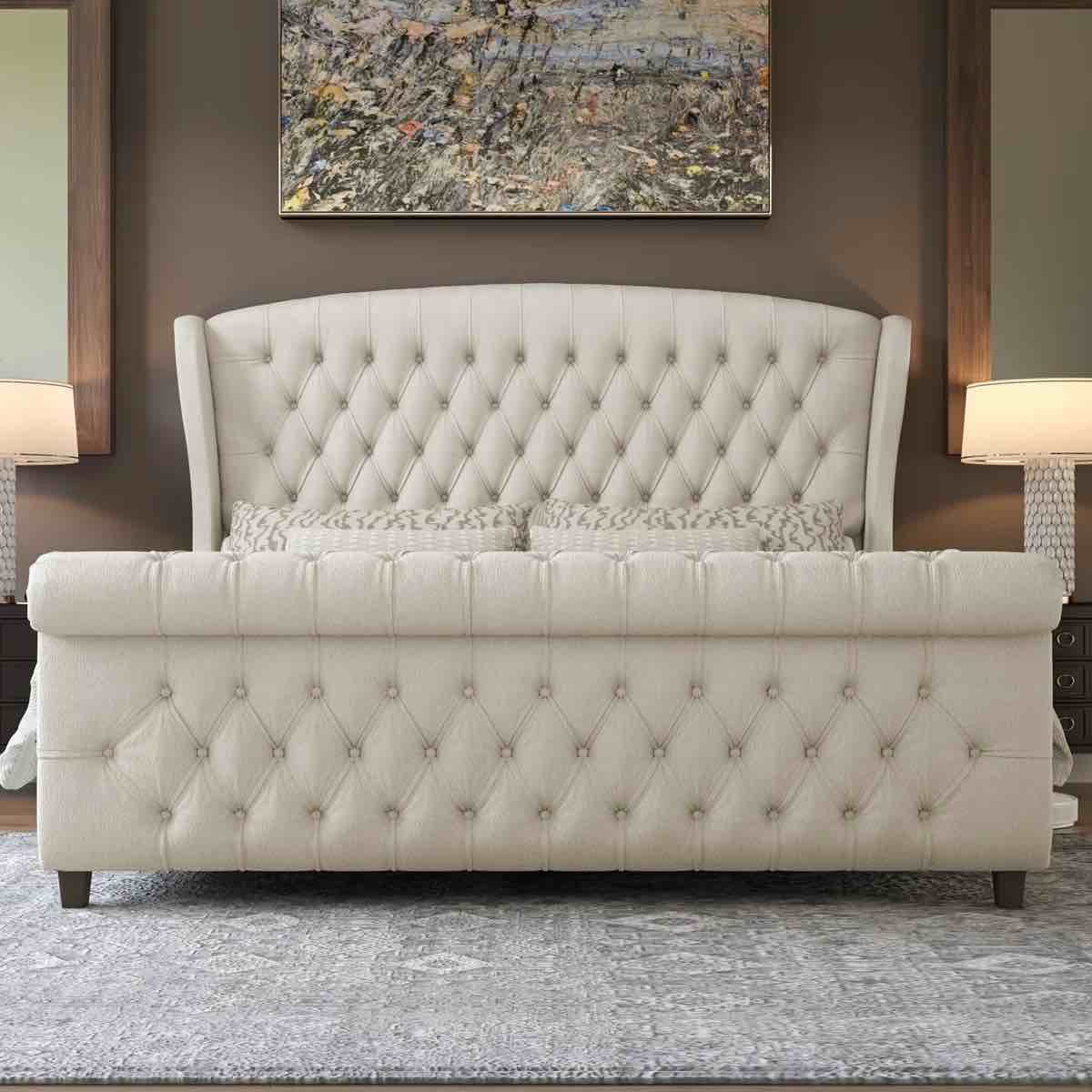 Condition photo showing New/Like New for dulane chenille upholstered sleigh queen bed with scroll wingback headboard, cream
