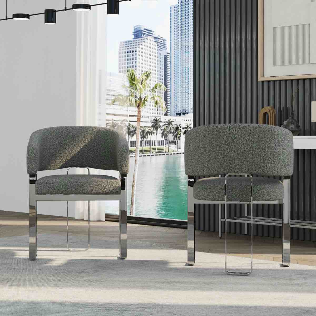Condition photo showing New/Like New for single dining chair in grey silver,gray boucle upholstered armchair with silver legs