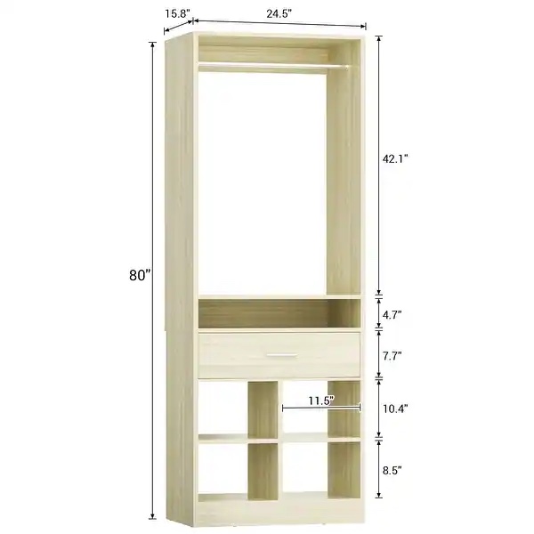 Condition photo showing New/Like New for 24.5'' w freestanding closet system with wood drawer and 5 open storage shelves and hanging rods, - white oak