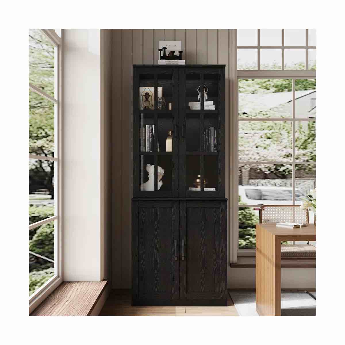71" h x 23.6" w kitchen pantry with bookcases, glass door kitchen hutch