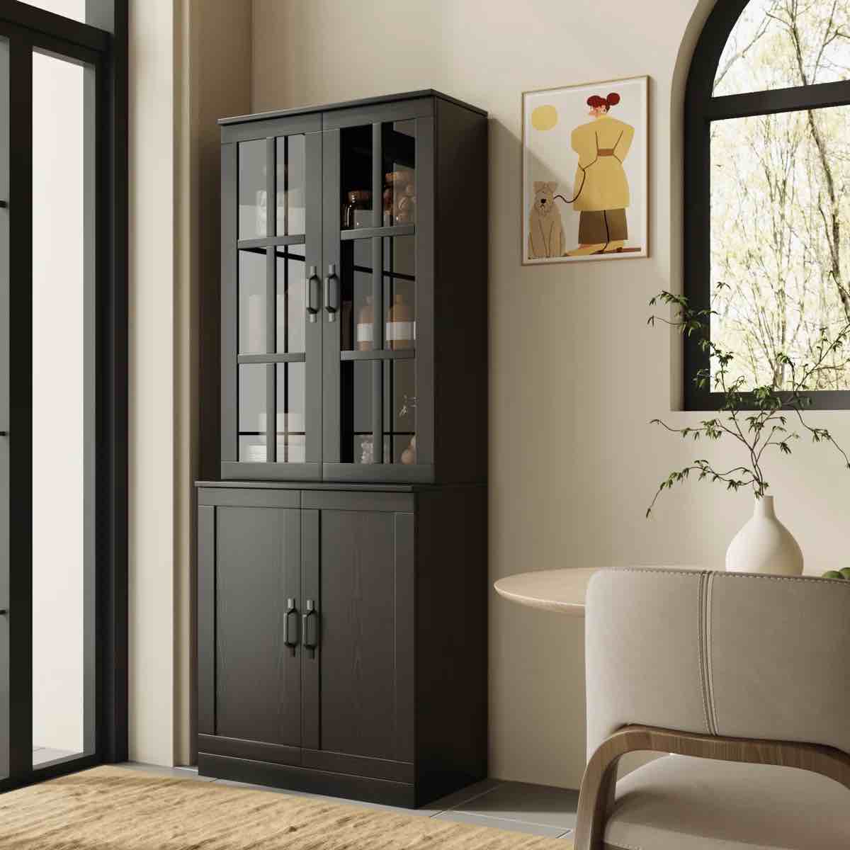 Condition photo showing New/Like New for 71" h x 23.6" w kitchen pantry with bookcases, glass door kitchen hutch