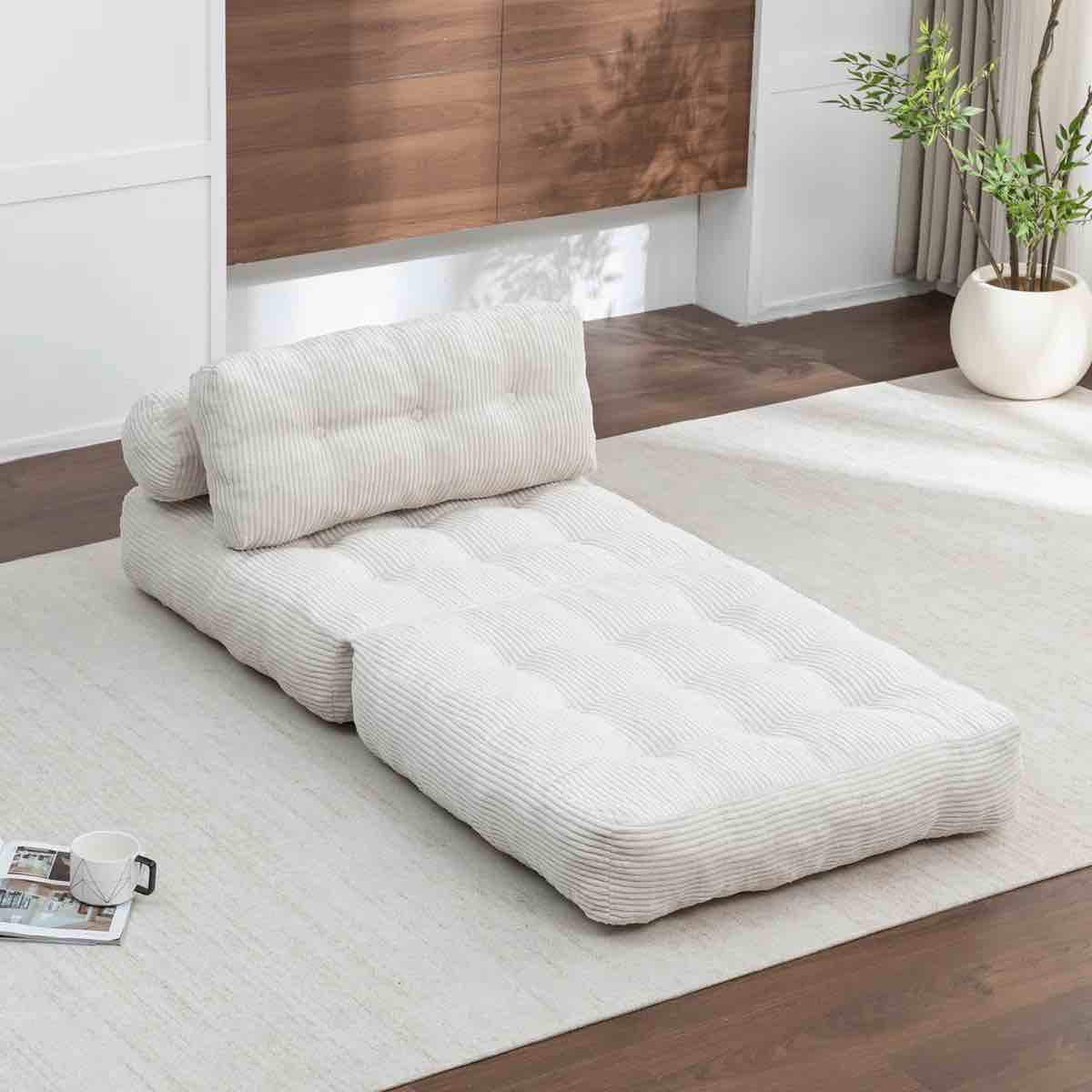 Condition photo showing New/Like New for folding sofa with soft cushion and button tufted back