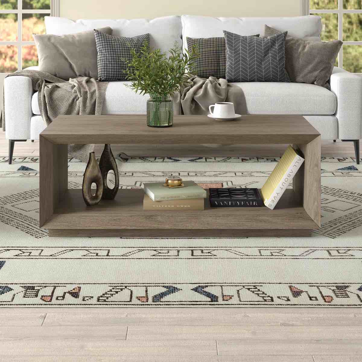 Condition photo showing New/Like New for 47.5" wide coffee table with open lower shelf - antiqued gray oak scandinavian mdf center table for living room | evie