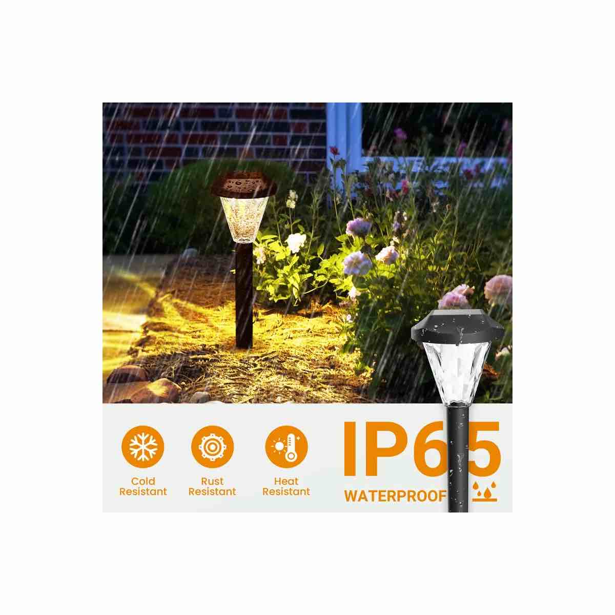 Condition photo showing New/Like New for 8 pack solar powered pathway lights, waterproof outdoor solar lights for garden and landscape, warm white