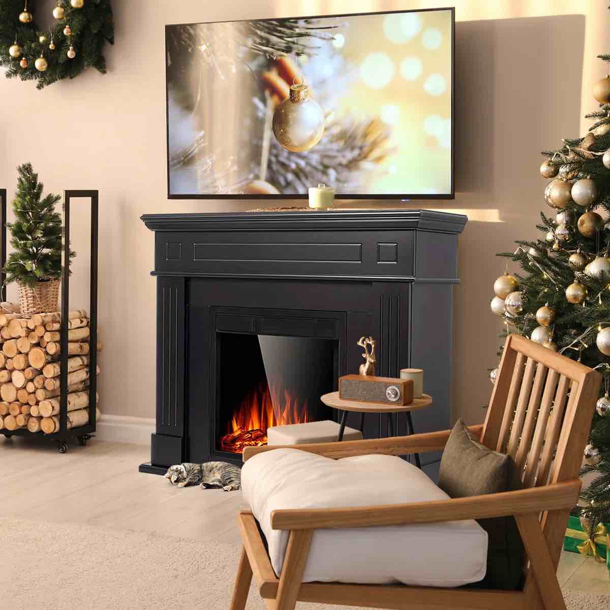 Condition photo showing New/Like New for r.w.flame 43in electric fireplace mantel wooden surround firebox, tv stand with freestanding electric fireplace, remote control, adjustable led flame, 750w/1500w black