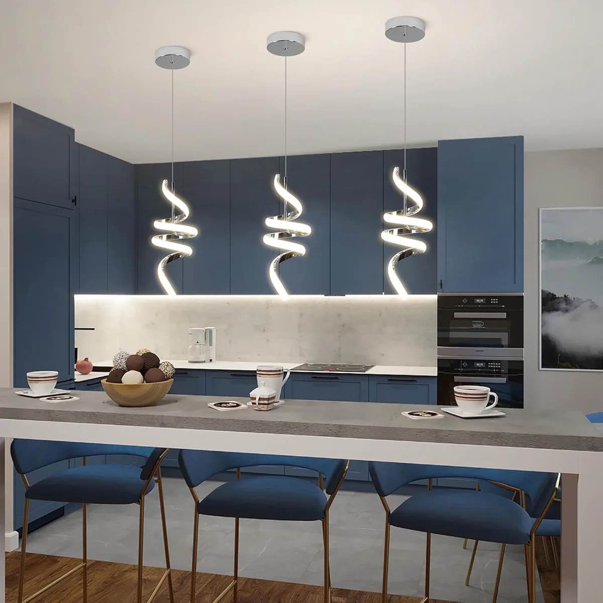 Condition photo showing New/Like New for modern spiral led pendant lights kitchen island, 22w adjustable height hanging light fixture 4000k chandelier for dining room