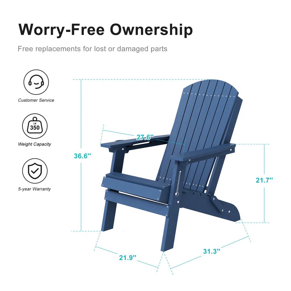 Condition photo showing New/Like New for hdpe folding adirondack chair with ergonomic design & cup holder, heavy duty adirondack chair for patio, pool, and yard