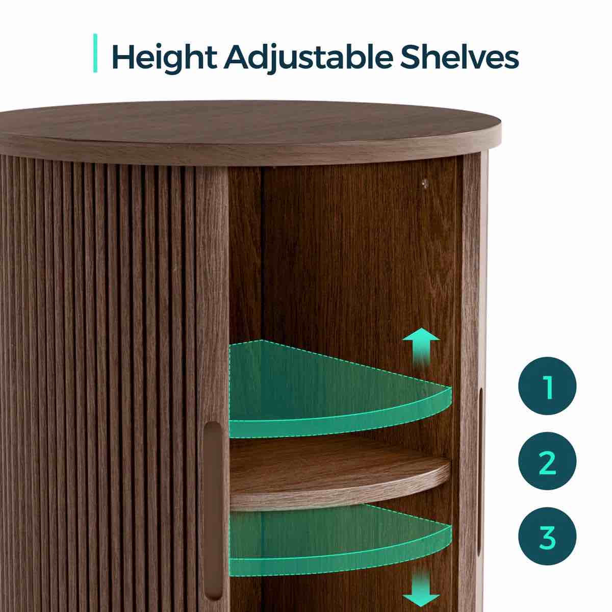 Condition photo showing New/Like New for round fluted end table with sliding tambour door and storage shelf (set of 2)