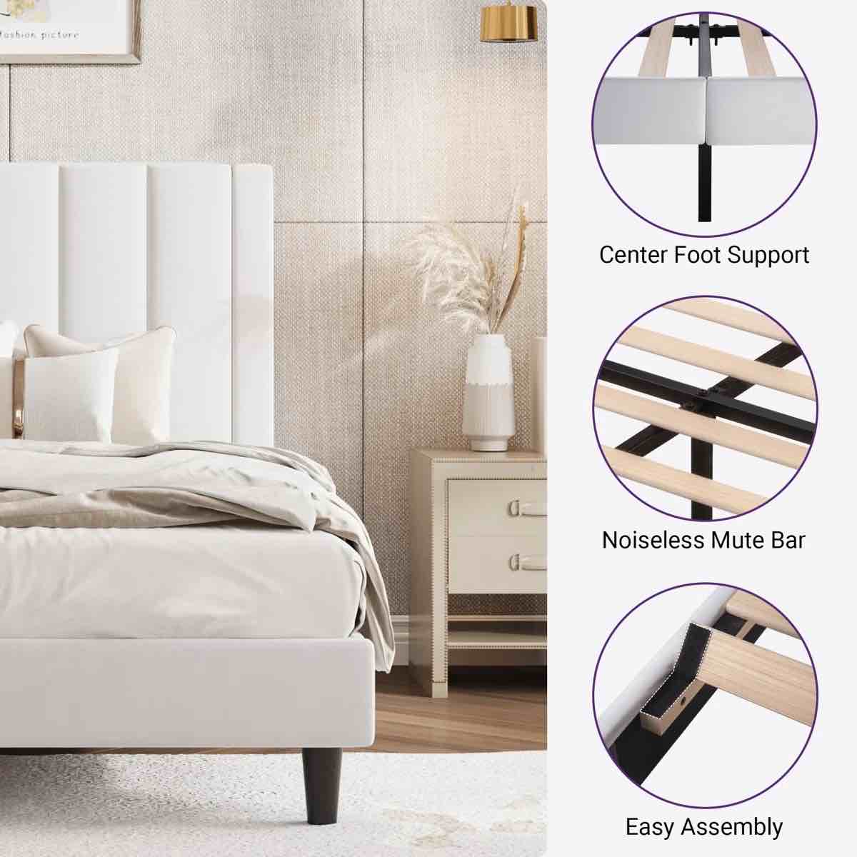 Condition photo showing New/Like New for stauton upholstered platform bed with velvet and striped headboard- twin