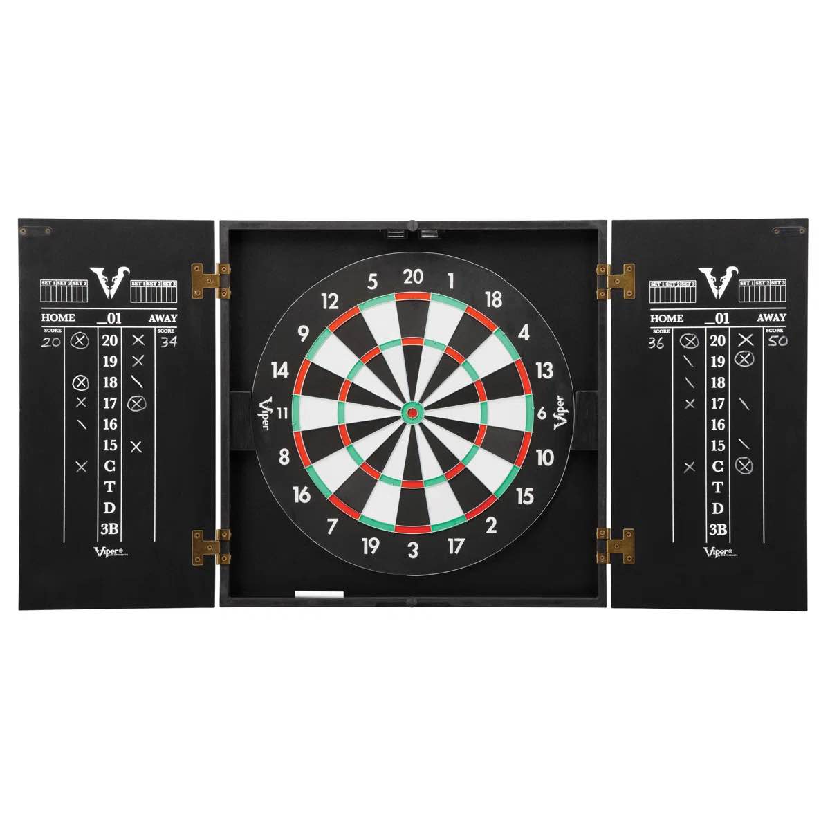 viper hideaway cabinet with coiled paper dartboard & "the bull starts here" throw line marker