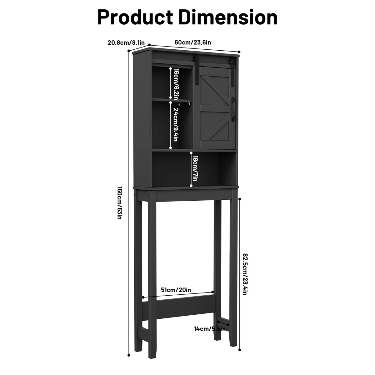 Condition photo showing New/Like New for freestanding over the toilet storage cabinet, farmhouse bathroom storage with adjustable shelf & barn door
