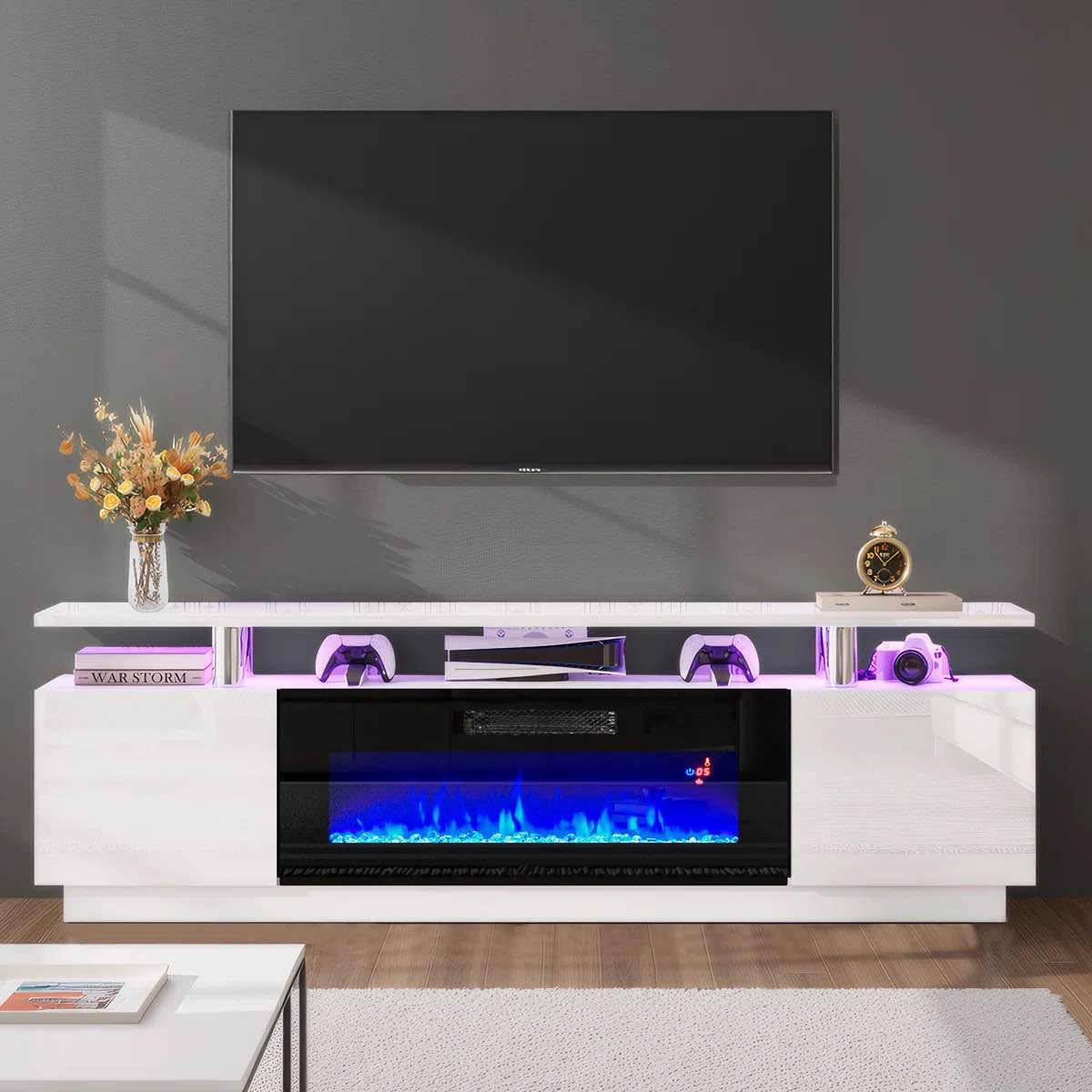 bhhatu 2 tier high 70" gloss tv stand with electric fireplace included, white/black
