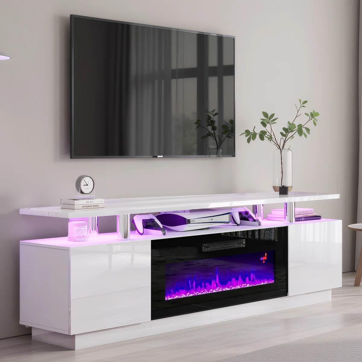Condition photo showing New/Like New for bhhatu 2 tier high 70" gloss tv stand with electric fireplace included, white/black
