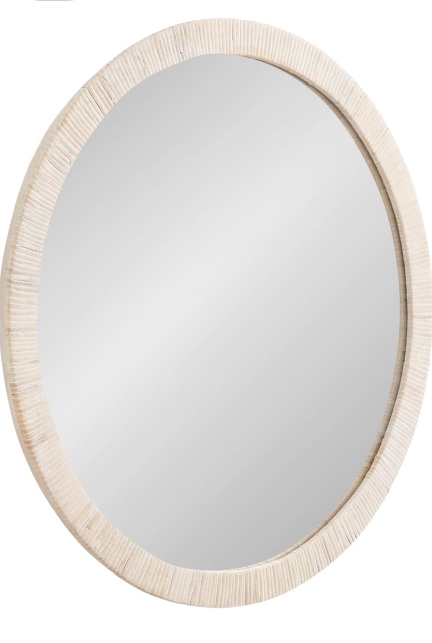 Condition photo showing New/Like New for kate and laurel rahfy boho round rattan mirror; 28 inch diameter; white; decorative circle mirror with wrapped authentic rattan frame for vanity bathroom mirror