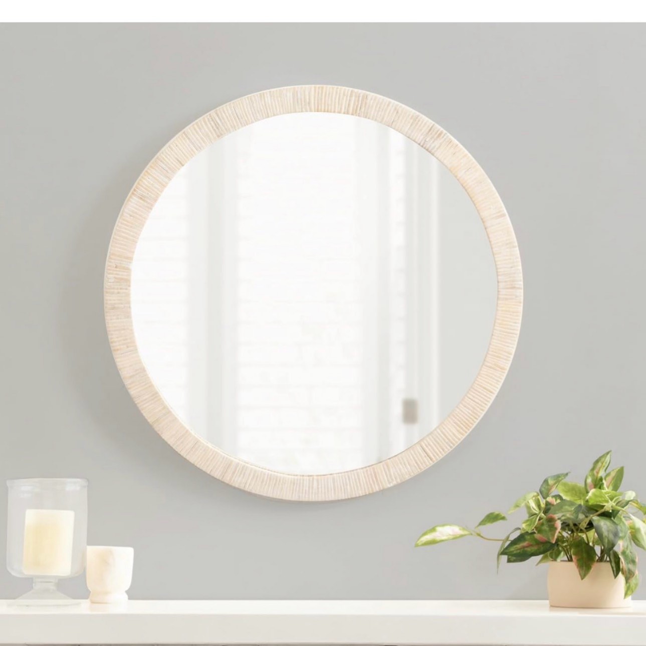 kate and laurel rahfy boho round rattan mirror; 28 inch diameter; white; decorative circle mirror with wrapped authentic rattan frame for vanity bathroom mirror