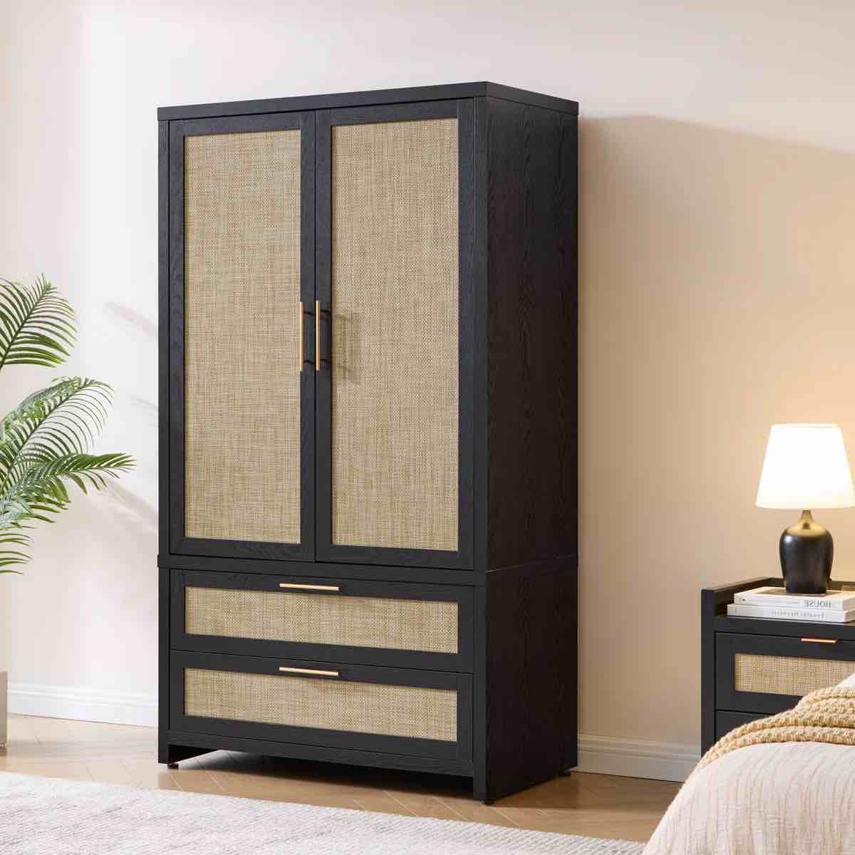 70.86'' H Bohemian - Inspired Rattan Armoire With Adjustable Shelves, Multi - Functional Storage Cabinet With 2-Door And 2-Drawer