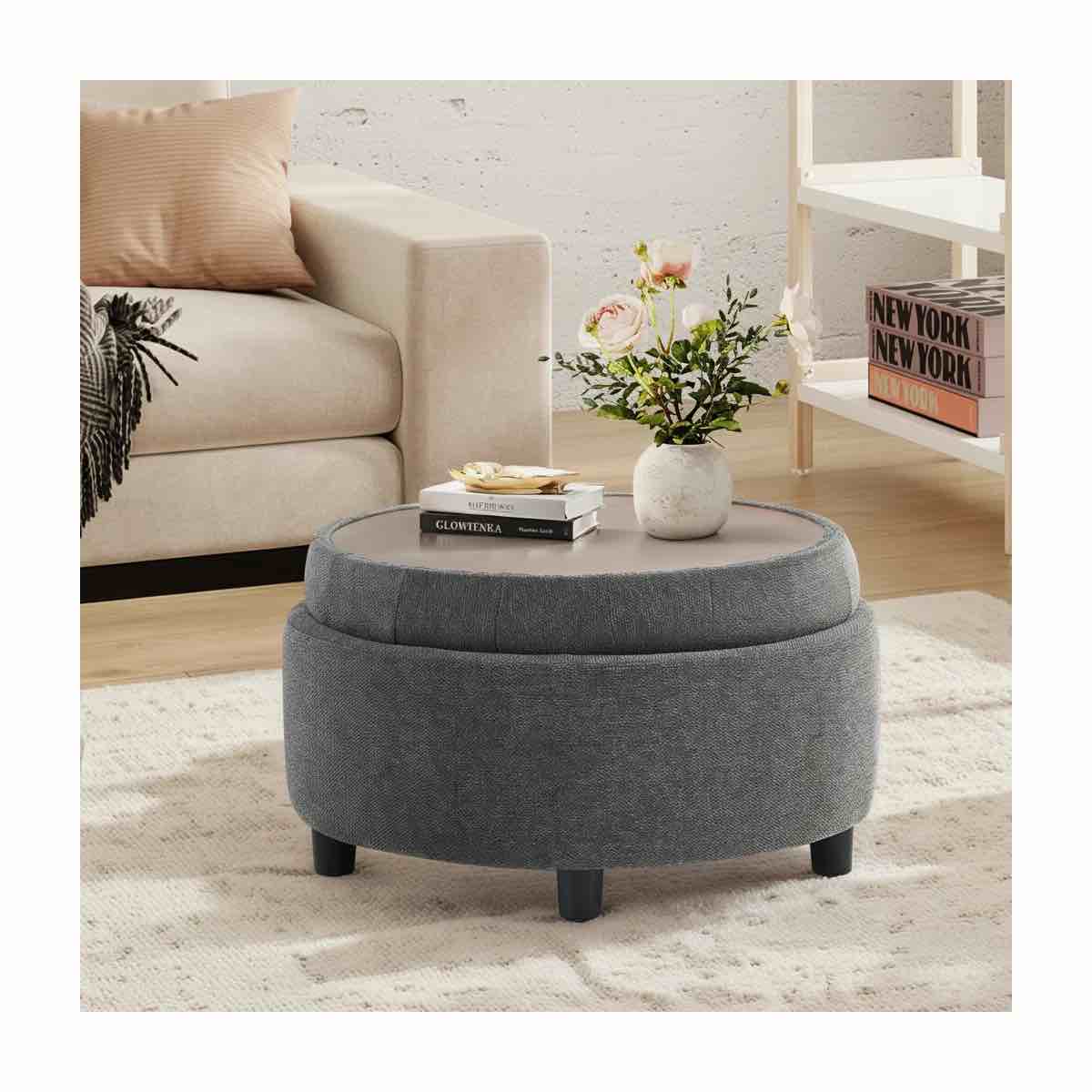 Condition photo showing New/Like New for 25'' oversized upholstered round storage ottoman