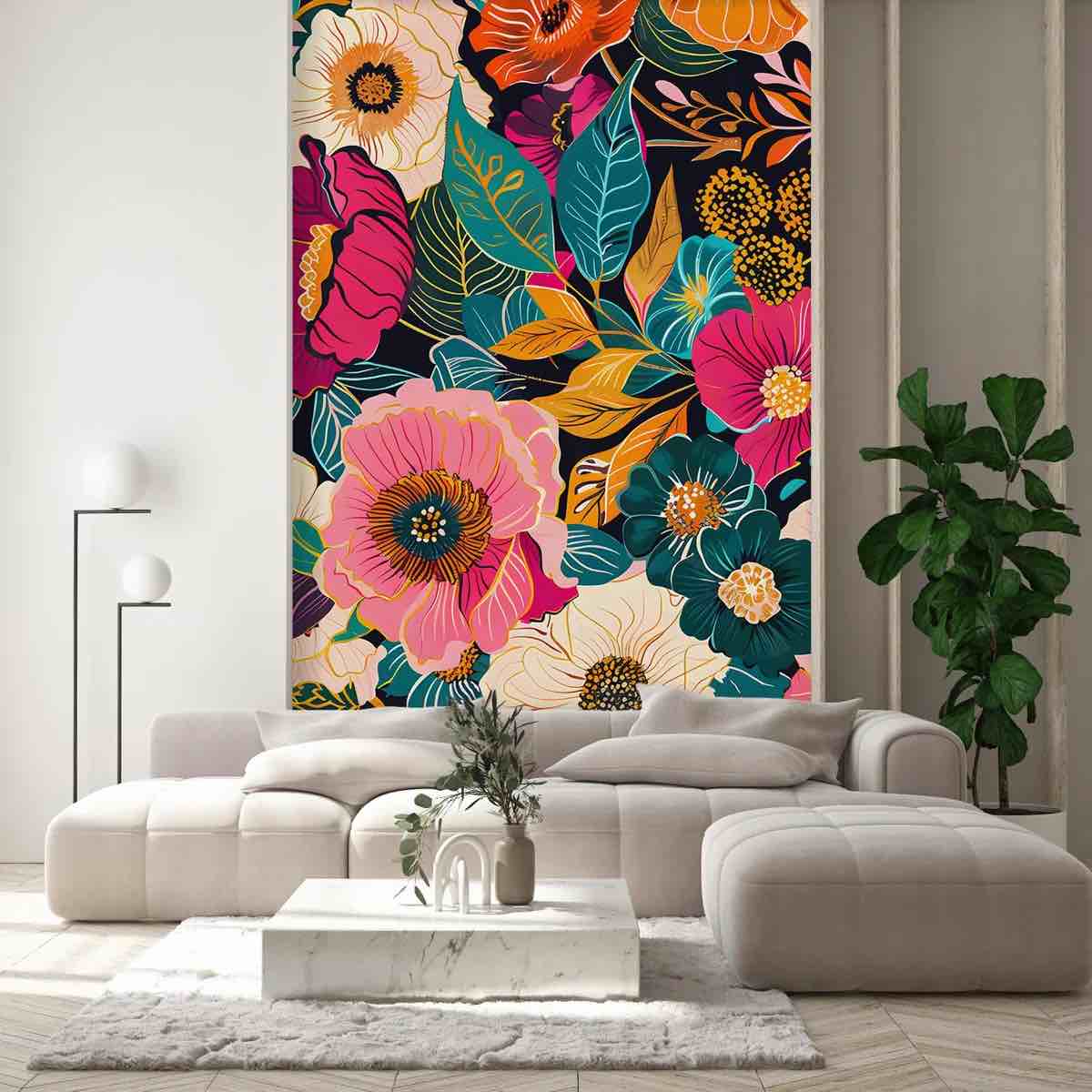 Condition photo showing New/Like New for idea4wall 2pcs vibrant floral explosion bold and colorful forest flower wall murals, not peel and stick, non-woven wallpaper large wall decoration for rooms, 48"x132"