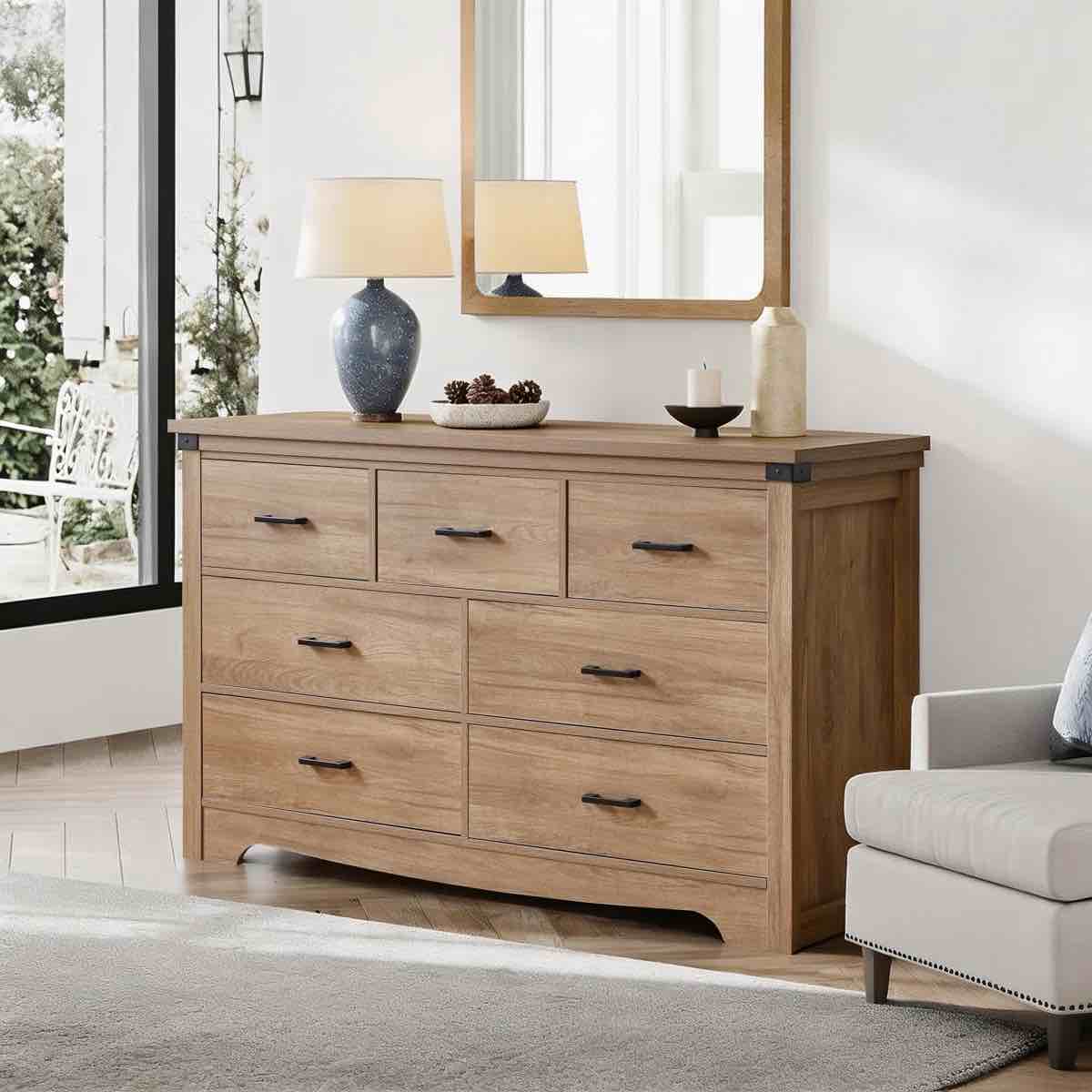 Farmhouse 7 Drawer Dresser For Bedroom, 31.4" Tall Dressers & Chest Of Drawers, Rustic Wood Dresser With Metal Handle, Storage Organizer Closet For Living Room, Hallway, Entryway