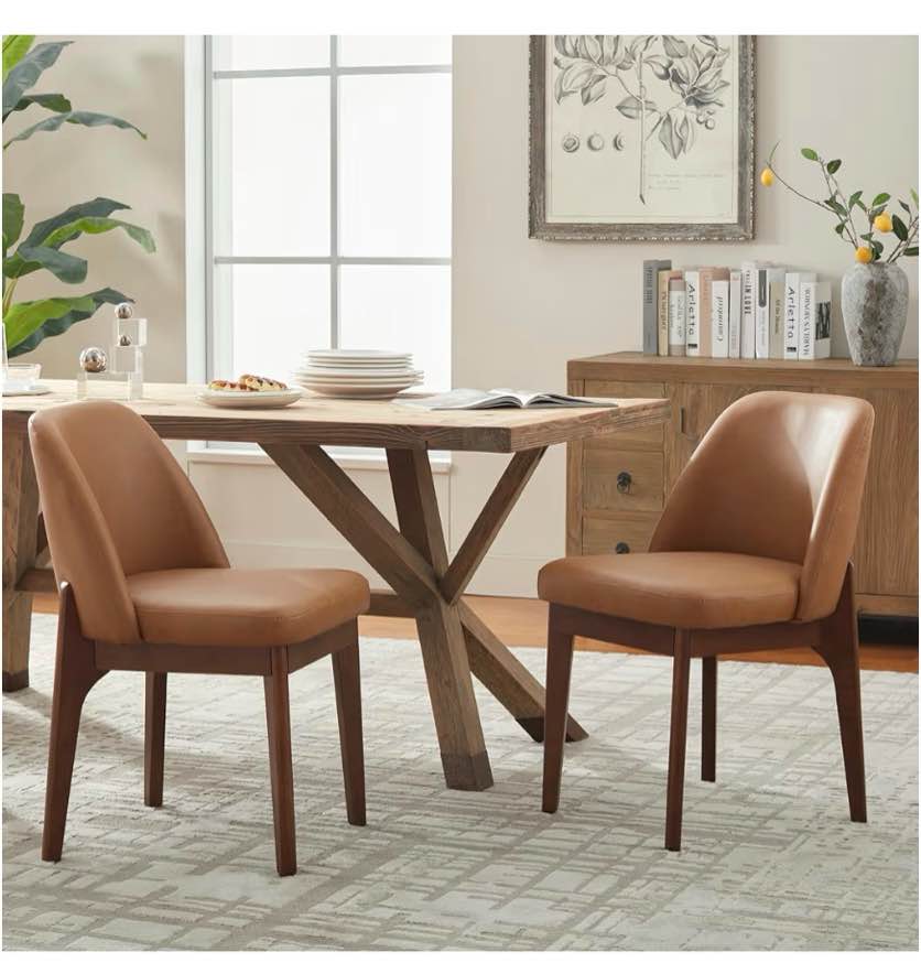 Faux Leather Dining Chairs, Modern Upholstered Chairs With Solid Wood Legs, Comfortable Mid-Back Seating For Kitchen Living Room, Easy Clean & Easy Assembly