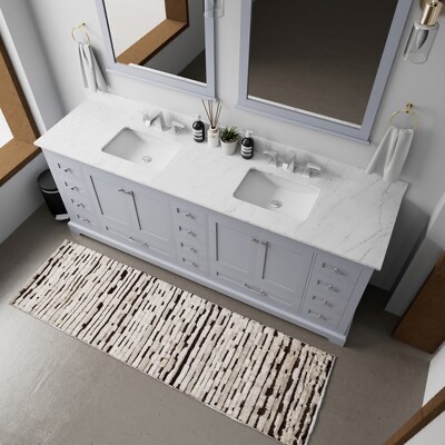 Condition photo showing New/Like New for lexora dukes 83-in dark grey bathroom vanity base cabinet without top