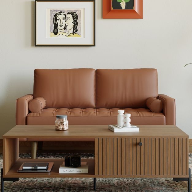 Condition photo showing New/Like New for tree city- 58" faux leather loveseat sofa, mid-century modern 2-seater couch for small spaces, office, apartment - brown