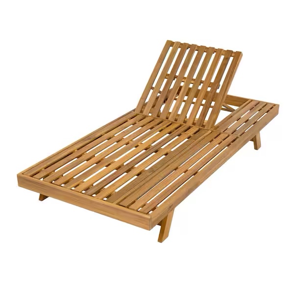 Condition photo showing New/Like New for teak finish adjustable outdoor chaise lounge, adjustable backrest & flat storage surface un-cushioned