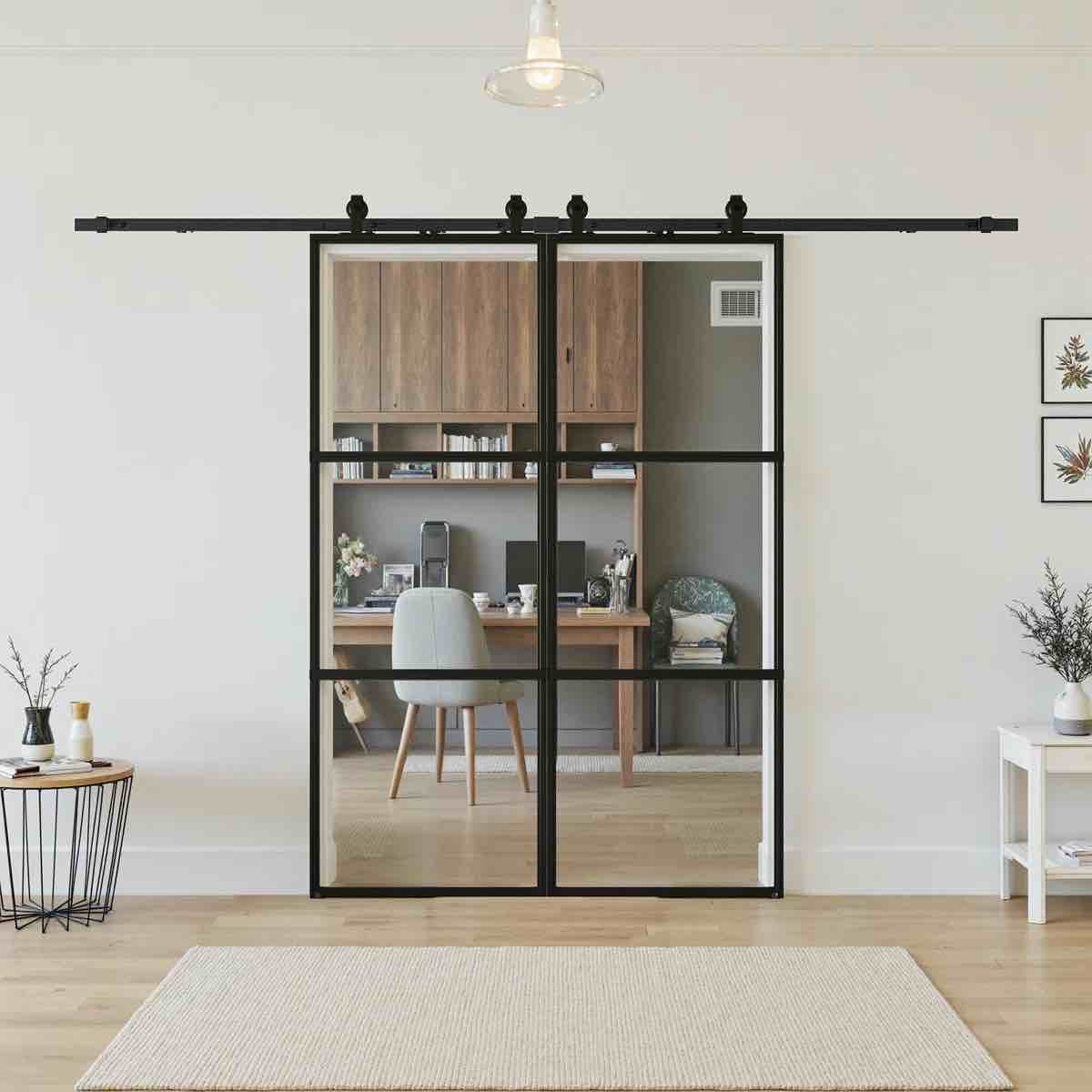 Condition photo showing New/Like New for metal and glass sliding double barn doors with installation hardware kit ( soft-close included)
