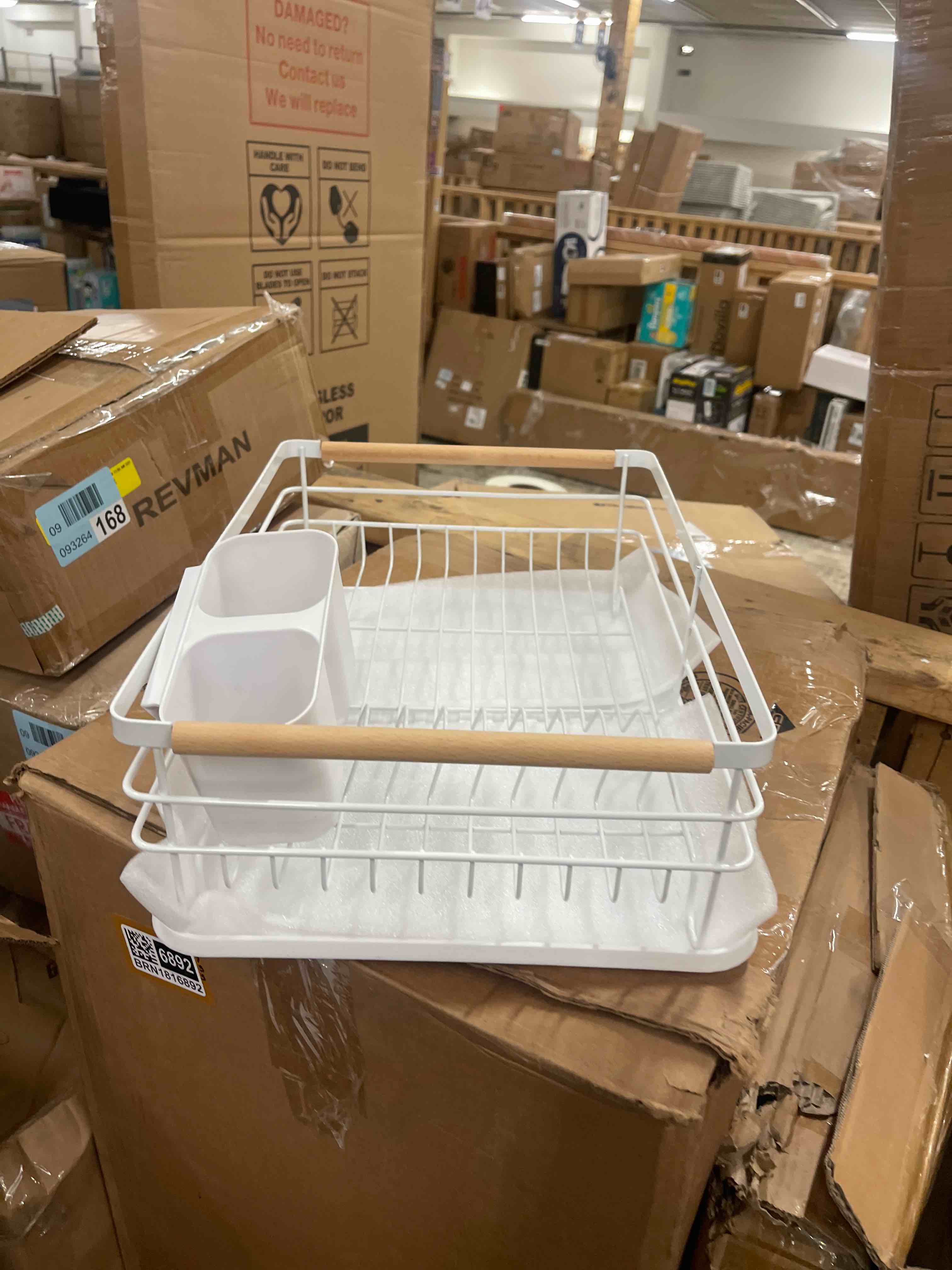 Condition photo showing New/Like New for modern wood handle dish rack and drain board, 16.5" x 12" x 5.5" kitchen plate cup dish drying rack tray cutlery dish drainer