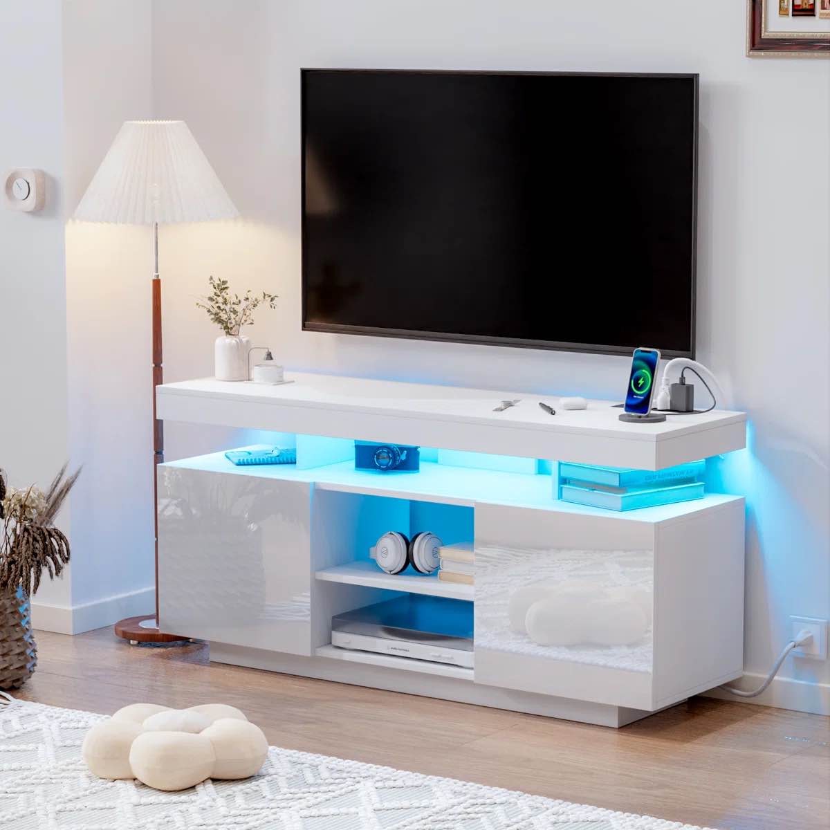 Modern 47.2/55.1 in Media Console with Outlet and RGB LED Light, TV Stand for TVs up to 65/55 inch
