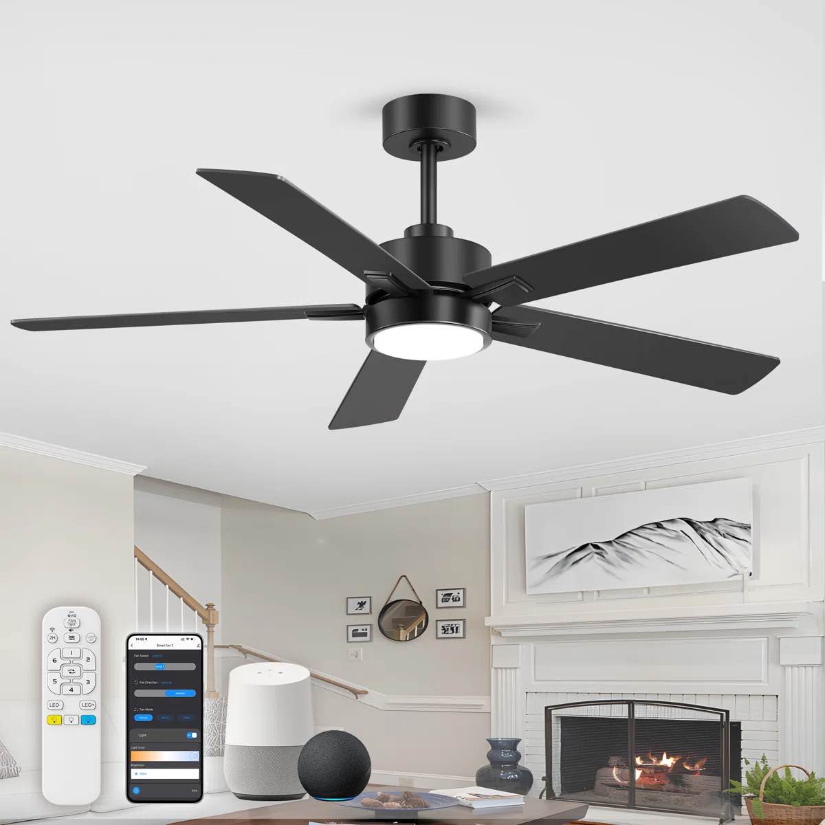 Seale 52 inch Smart Ceiling Fan with Remote/APP/Alexa Control, Downrod Mount, Reversible DC Motor, 5 Blades, 6 Speeds, 3CCT, Dimmable, Noiseless, Bedroom, Living Room, Black