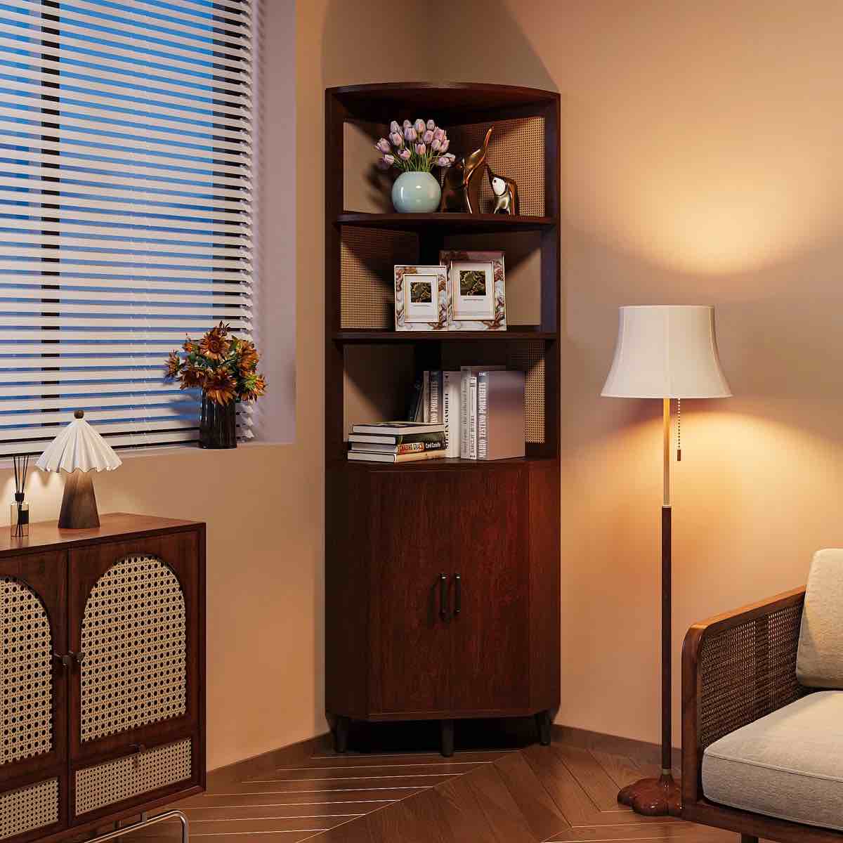69.7’’H X 17.7’’ W Rattan And Wood Fan-Shaped Storage Bookcase With Doors, 3-Tier Corner Shelf With Cabinet