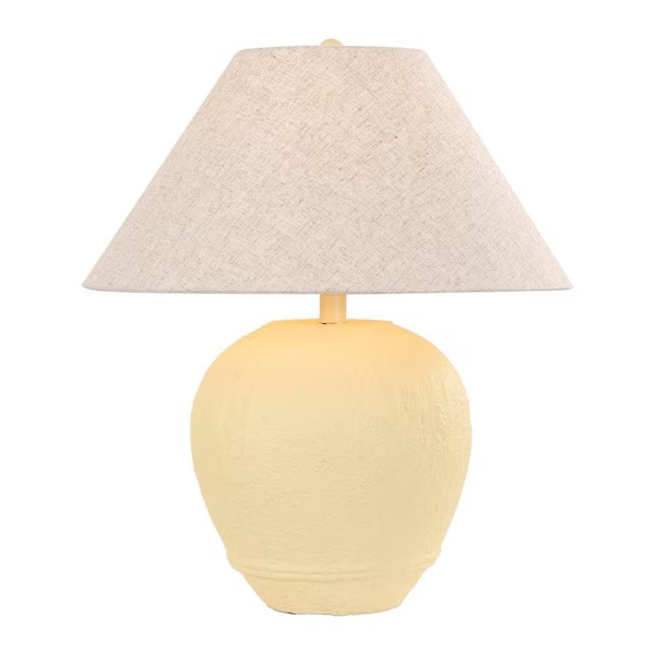 21.65 in. Cream Ceramic Table Lamp Set with White Fabric Bell Shade and Cable (Set of 2)