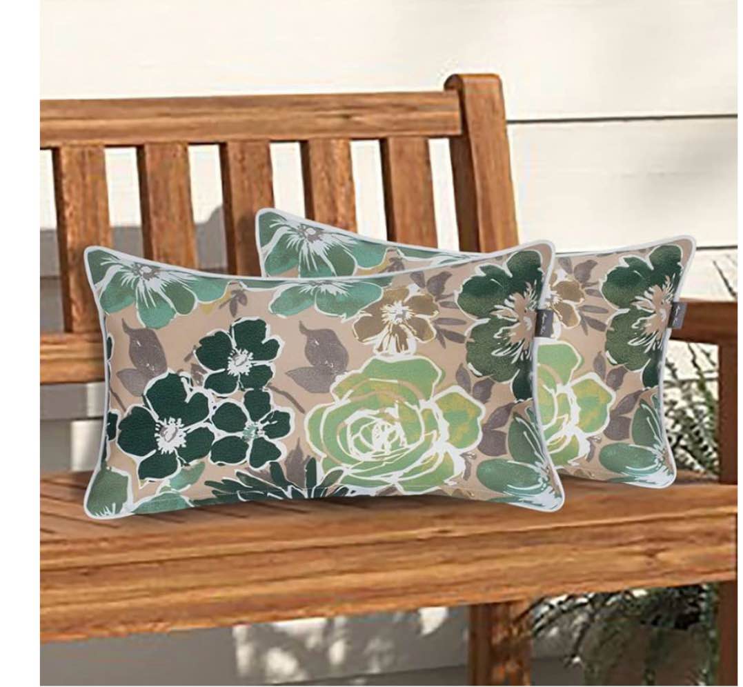 Set of 2 Lumbar Throw Pillow with Insert 12x20 Inch, Outdoor Rectangular Waterproof Home Decorative Toss Cushion for Patio Garden Car Office - Green Floral