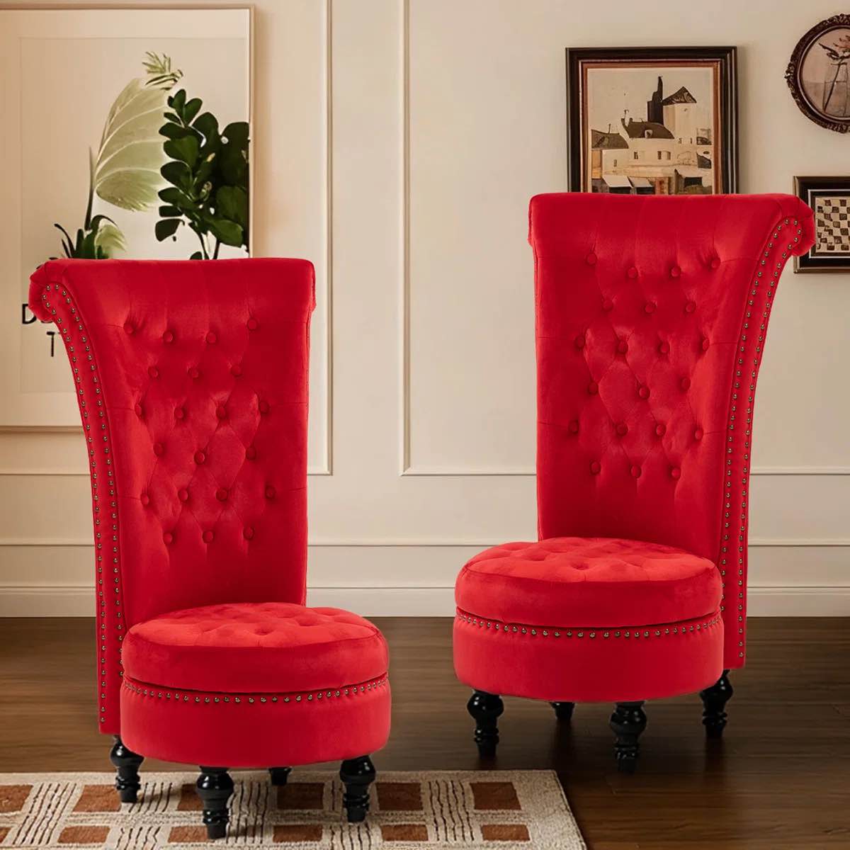 High Back Throne Royal Chair Set of 2, Velvet Armless Accent with Storage, Nailhead Trim, Solid Rubberwood Legs for Living Room Bedroom-Red