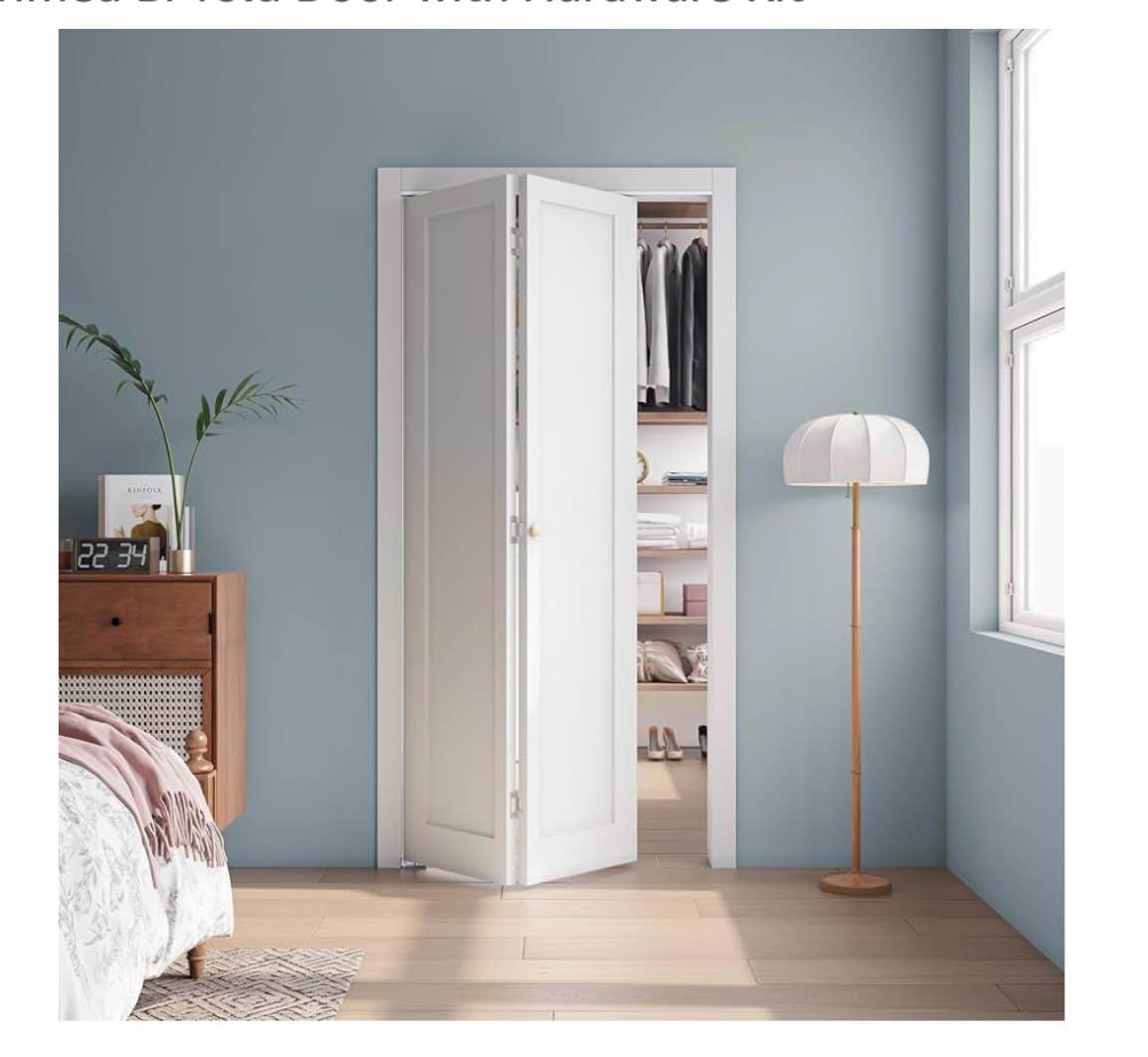 Condition photo showing New/Like New for primed manufactured wood bi-fold doors with hardware kit