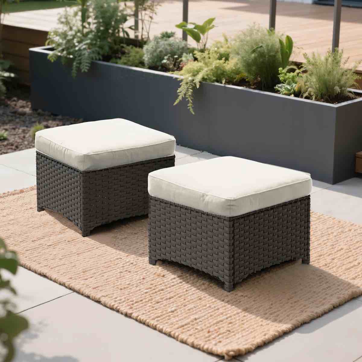 Patio Ottomans Set of 2, Outdoor Wicker Footrest with Thickened Cushions, Outdoor Rattan Ottoman for Porch, Backyard and Deck (Beige) black wicker