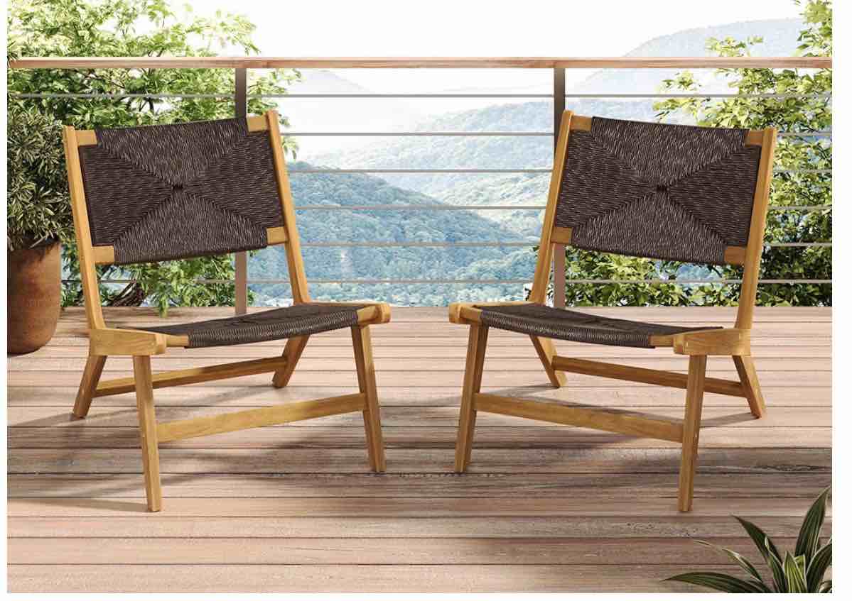  Acacia Wood Outdoor Armless Lounge Chair - Teak Wood Frame with Dark Brown PE Wicker, Set of 2 Weather-Resistant Patio Lounge Chairs 