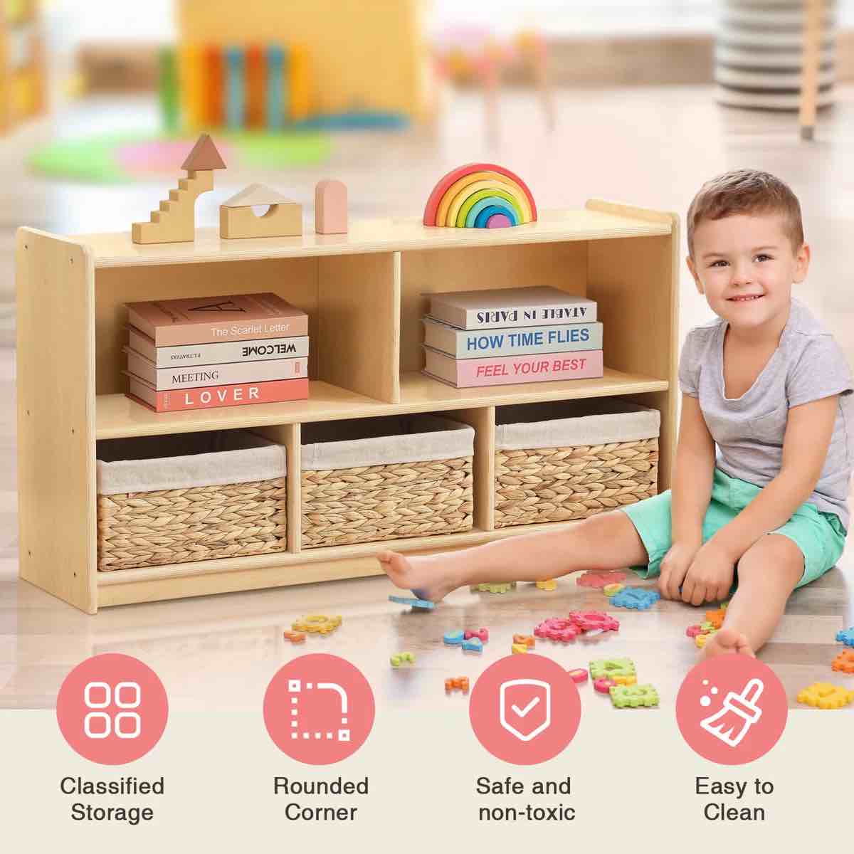 Condition photo showing New/Like New for bateso toy storage organizer for kids room, wooden kids bookshelf for classroom, cube storage organizer for playroom, 5-section montessori bookshelf & toy shelf for nursery
