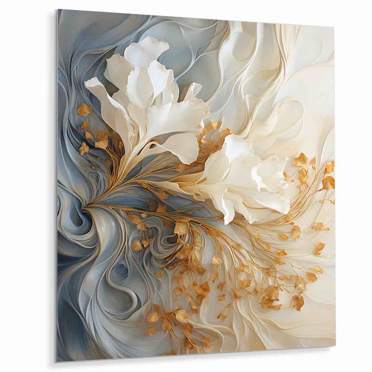 Condition photo showing Good Condition for white and gold champagne flow v - champagne metal wall art, modern flower metal print