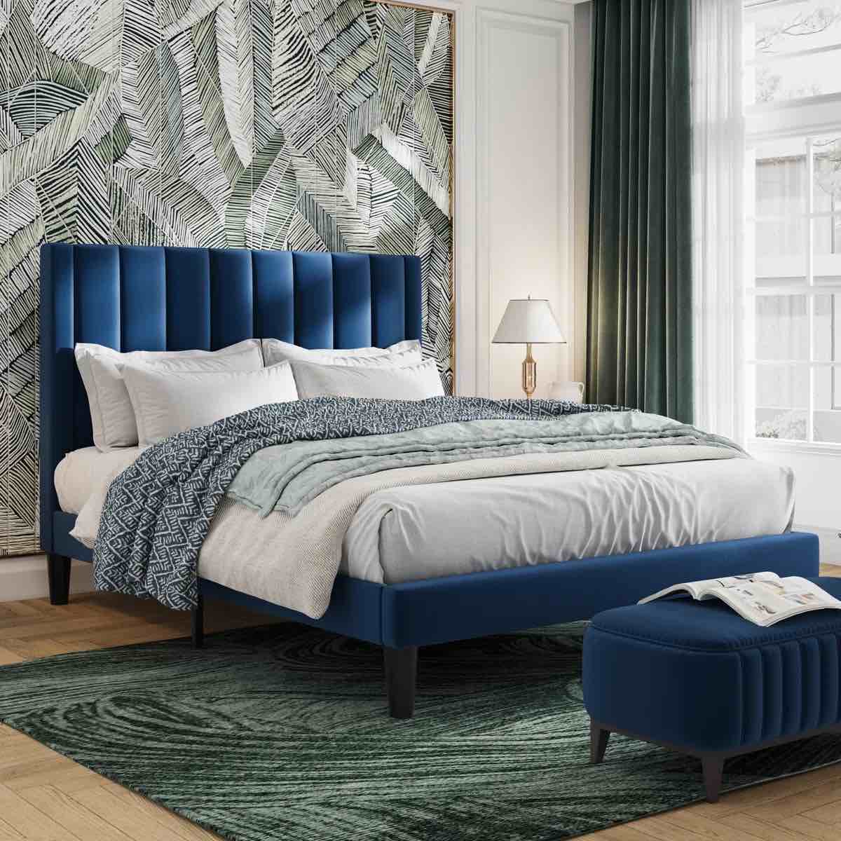 Allewie Full Size Velvet Upholstered Bed Frame with Vertical Channel Tufted Headboard, Navy Blue