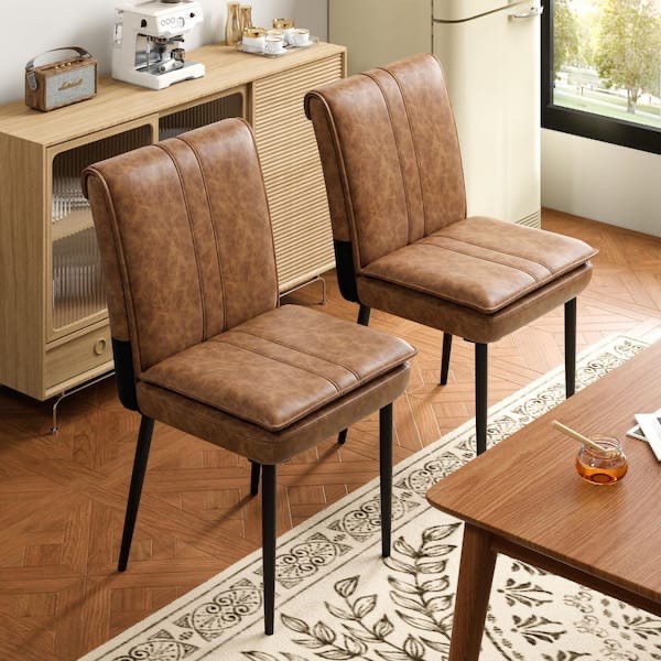 Upholstered Dining Chairs (Set of 2), Faux Leather Kitchen Chairs with Metal Legs, Modern Brown Dining Room Side Chairs