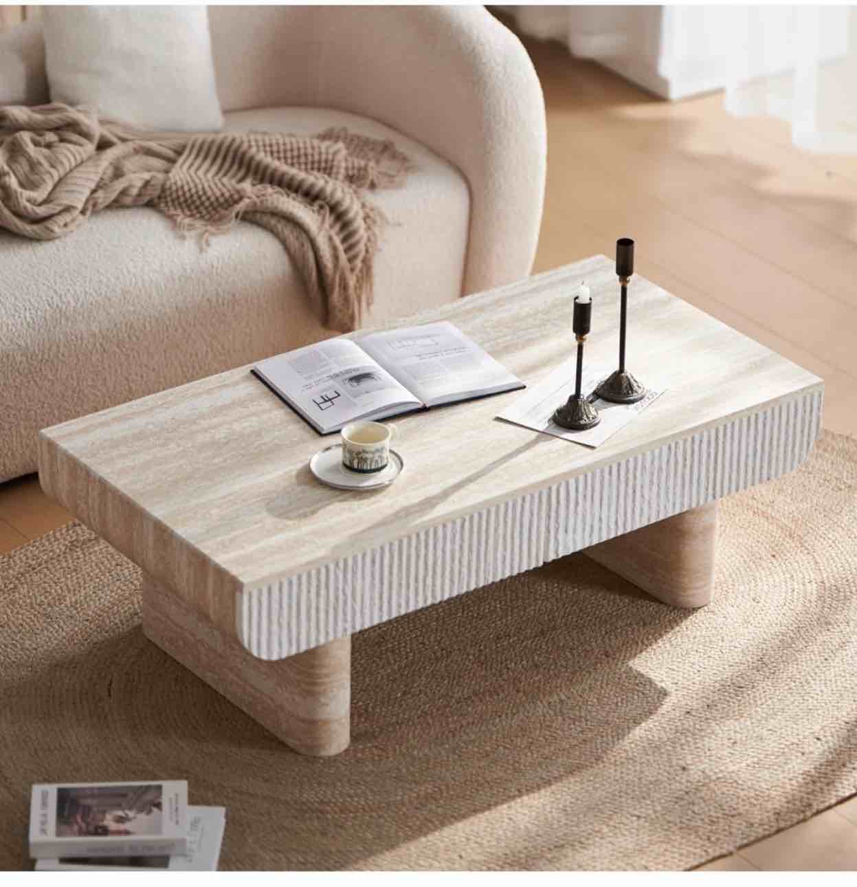 KEIKI 47" Coffee Table with Fluted Drawer, Oval Wood Coffee Table with Faux Marble Tabletop for Living Room or Office, Stylish Accent Table for Apartment or Studio, Beige Brown