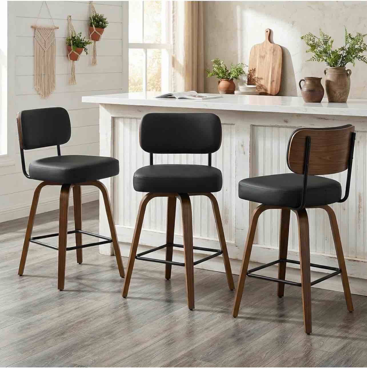 Swivel Bar Stools Set of 3, 26" Upholstered Counter Height Bar Stools with Back and Walnut Wood Legs, Faux Leather Barstools for Kitchen Counter, Black