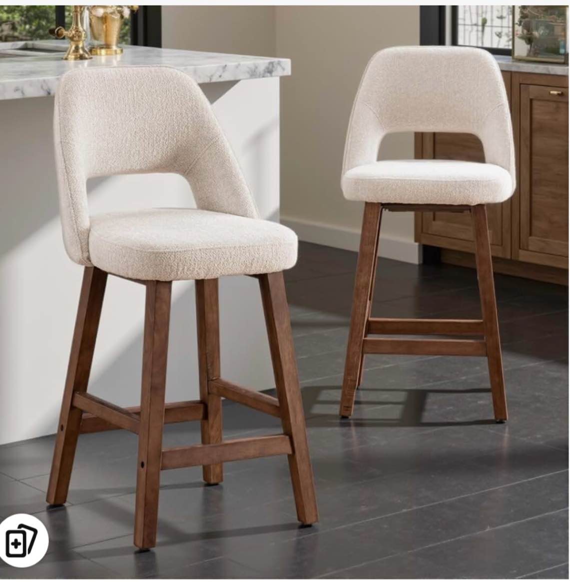 Rowill Counter Height Bar Stools, 26 Inch Bar Stools Set of 2 with Back, Upholstered Barstools with Footrest, Wood Legs, Fabric in White